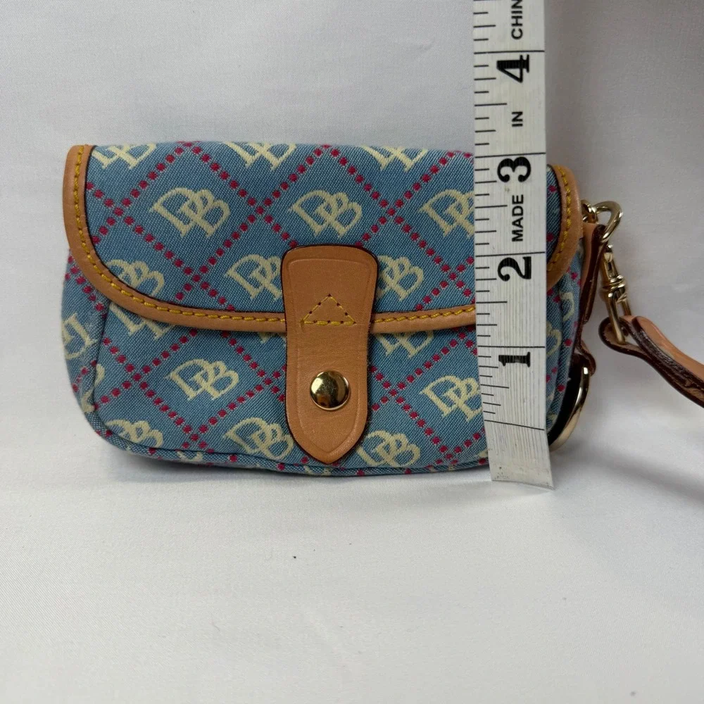 Dooney & Bourke Wristlet Pouch Womens Small Blue Monogram Canvas Leather Trim